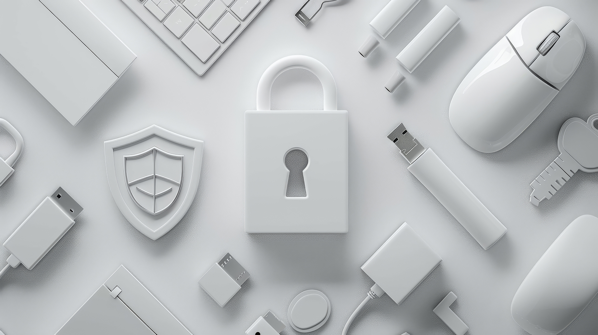 Digital security concept with technology devices and padlock flat lay