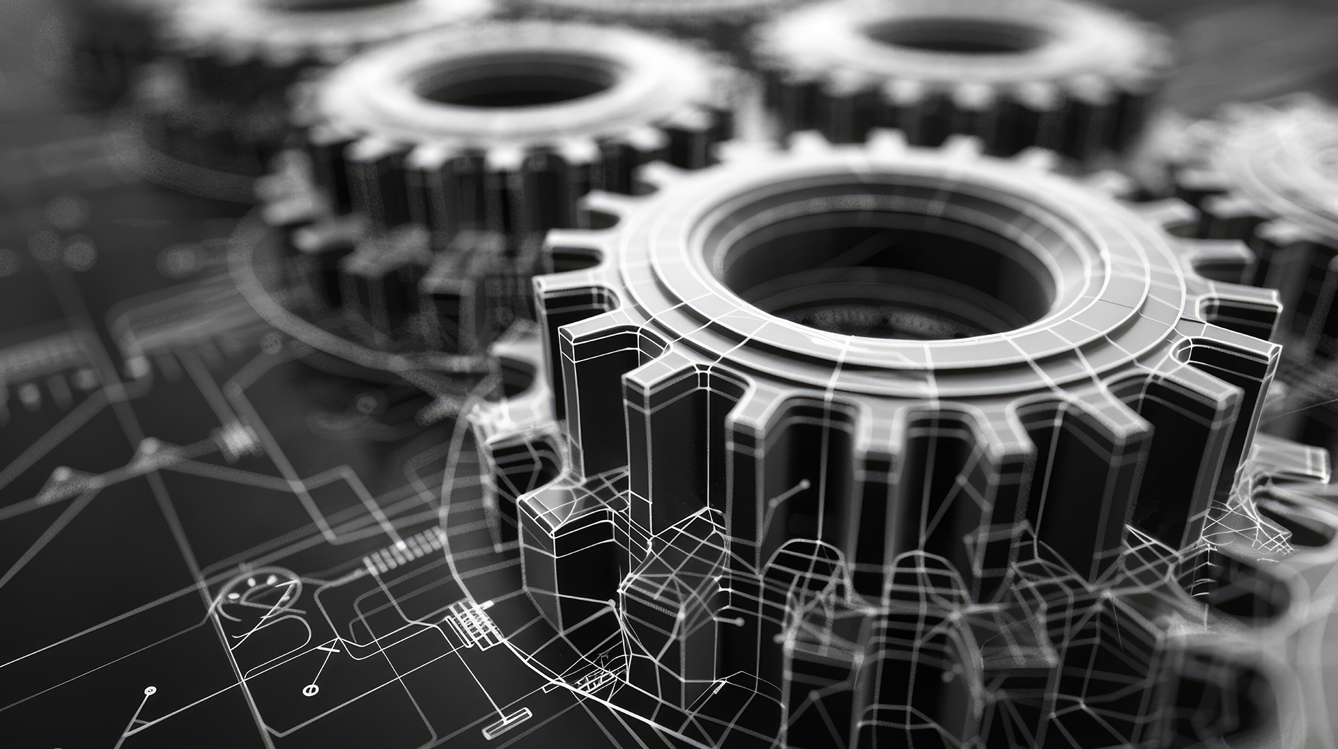 Close-up of Metallic Gears Interlocking on a Technical Blueprint